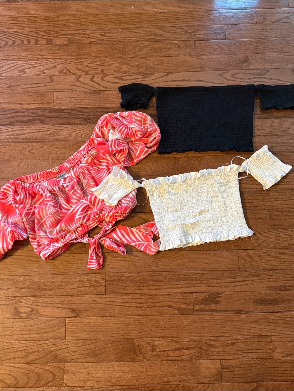 3-Pack Off-Shoulder Crop Tops - Pink Tropical, Black, White